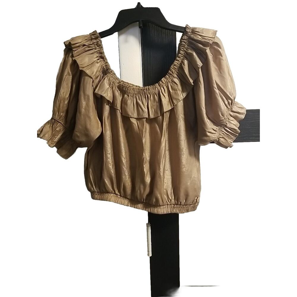Small Unbranded Womens Taupe Ruffle Off Shoulder Blouse Crop Top
